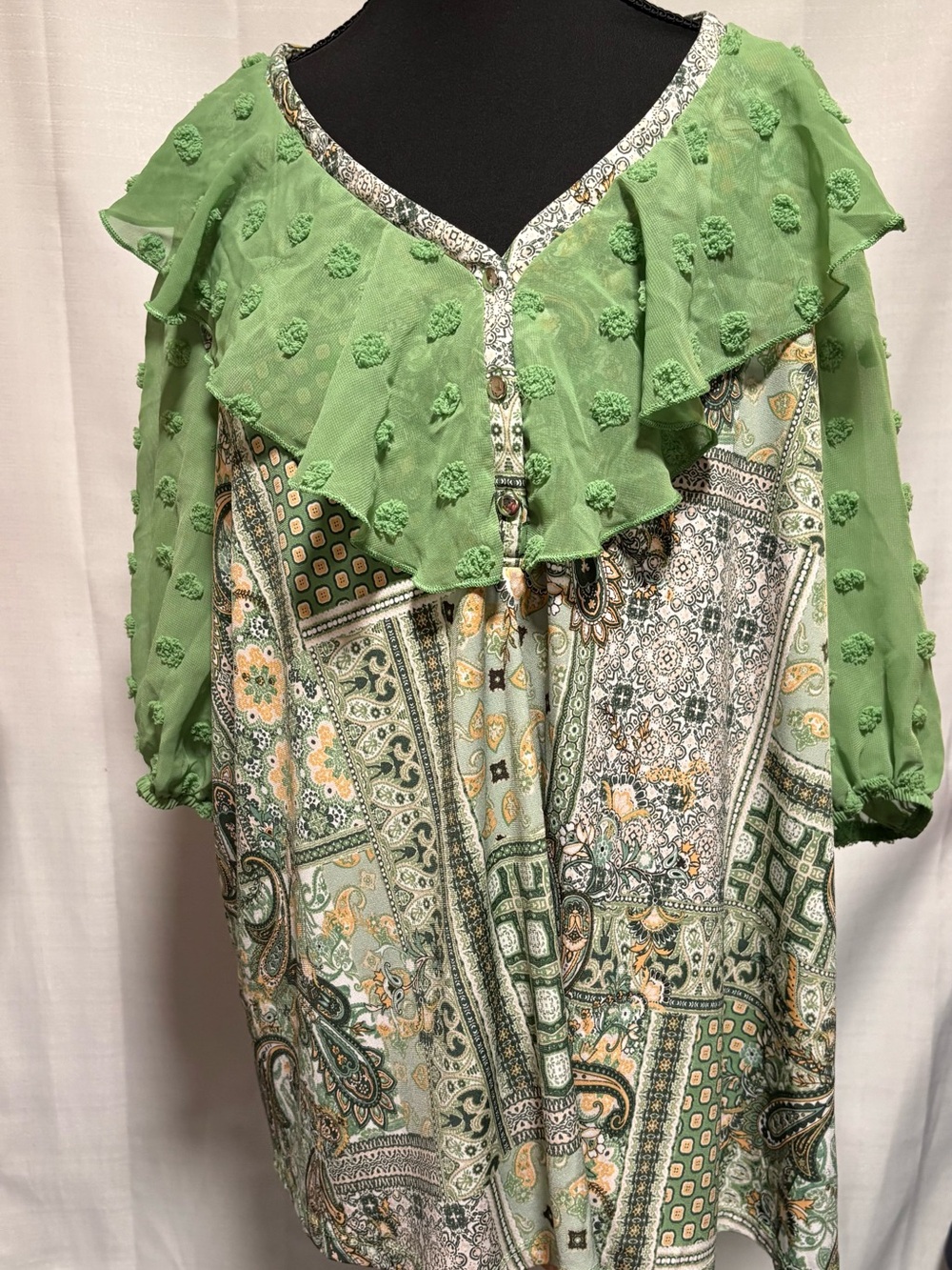 Boho Green Mixed-Print Ruffled Women’s Top